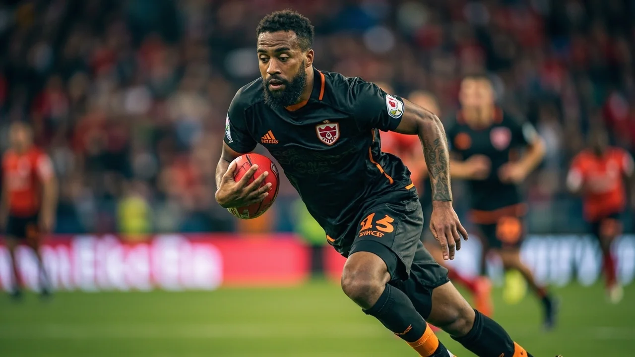 A tight sideline action frame of a key player in mid-stride during a play, with shallow depth of field isolating the subject from the sideline.