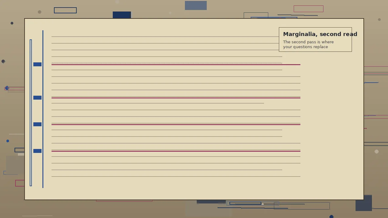A close editorial frame of a printed page with second-read underline marks across four selected paragraphs and a slate bracket along the left margin.