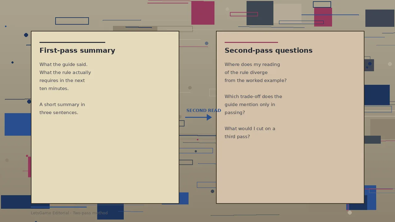 Two notepads side by side on a wooden surface: the left pad lists a first-pass summary, the right pad lists second-pass questions, with a slate arrow labelled 'second read' pointing from one to the other.